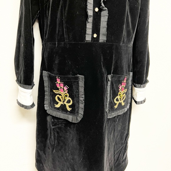 BURRYCO Womens Black Velvet Peter Pan Collar Embroidered Pocket A Line Dress - Picture 6 of 14